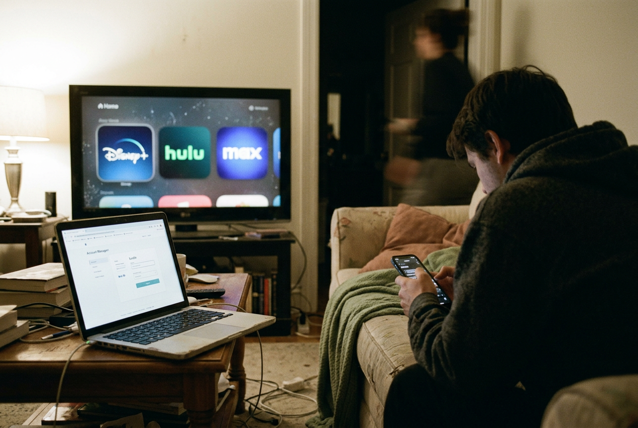 Disney+, Hulu and Max app icons displayed together on a television home screen beside a single subscription bill.